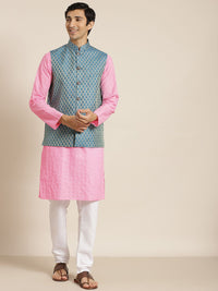 SOJANYA Men Pink Chikankari Pure Cotton Kurta with Churidar & Nehru Jacket