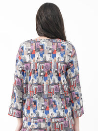 Rareism Conversational Printed V Neck Cotton Empire Top