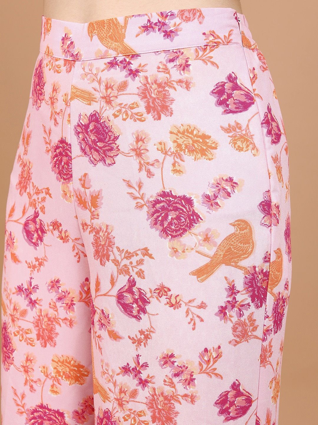 Vishudh Pink Printed Pure Cotton Crop Top & Jacket With Palazzos