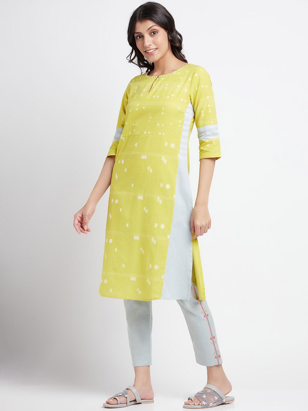 W Polka Dots Woven Design Keyhole Neck Straight Kurta