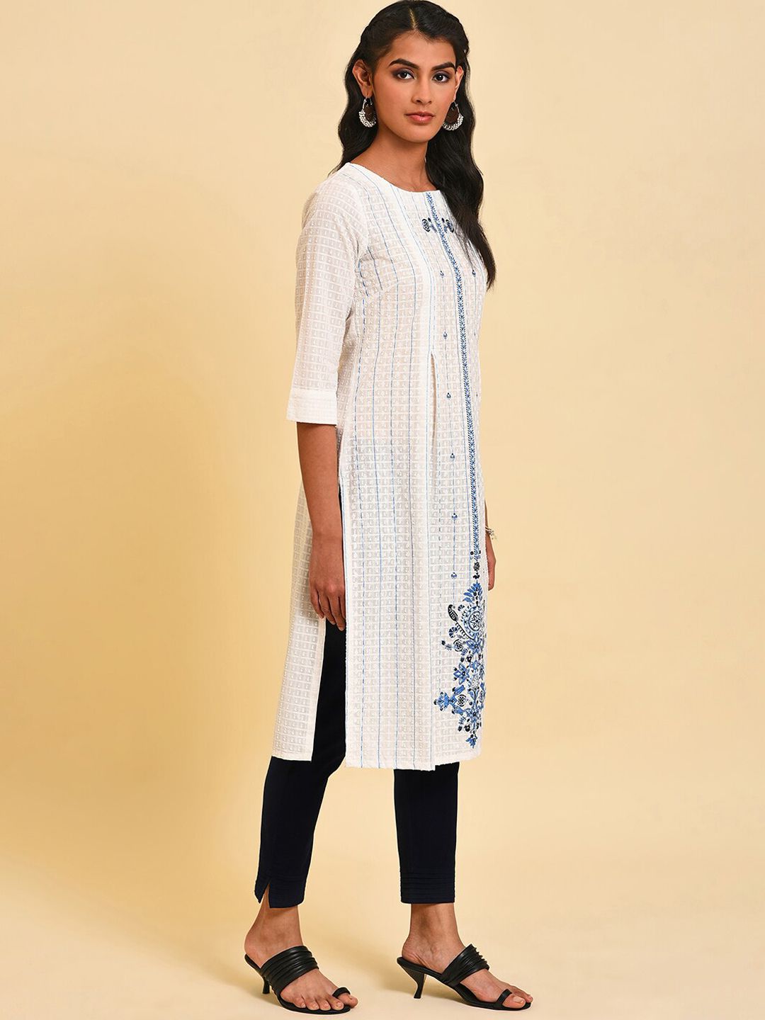 W Ethnic Motif Embroidered A-Line Pure Cotton Kurta