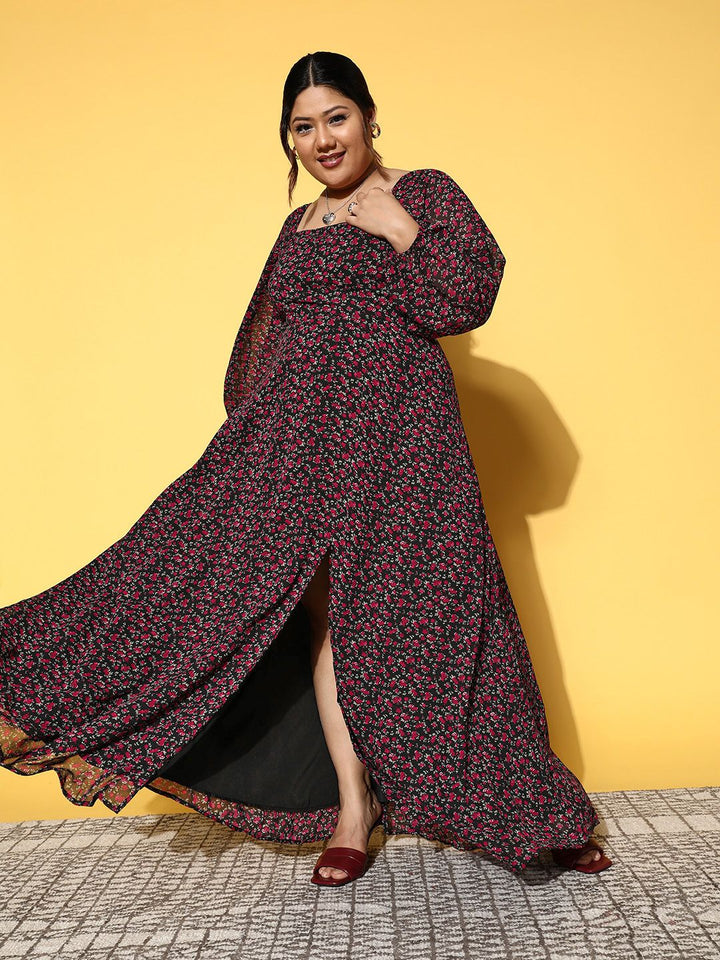 Berrylush Curve Floral Square Neck Georgette Flared Maxi Dress