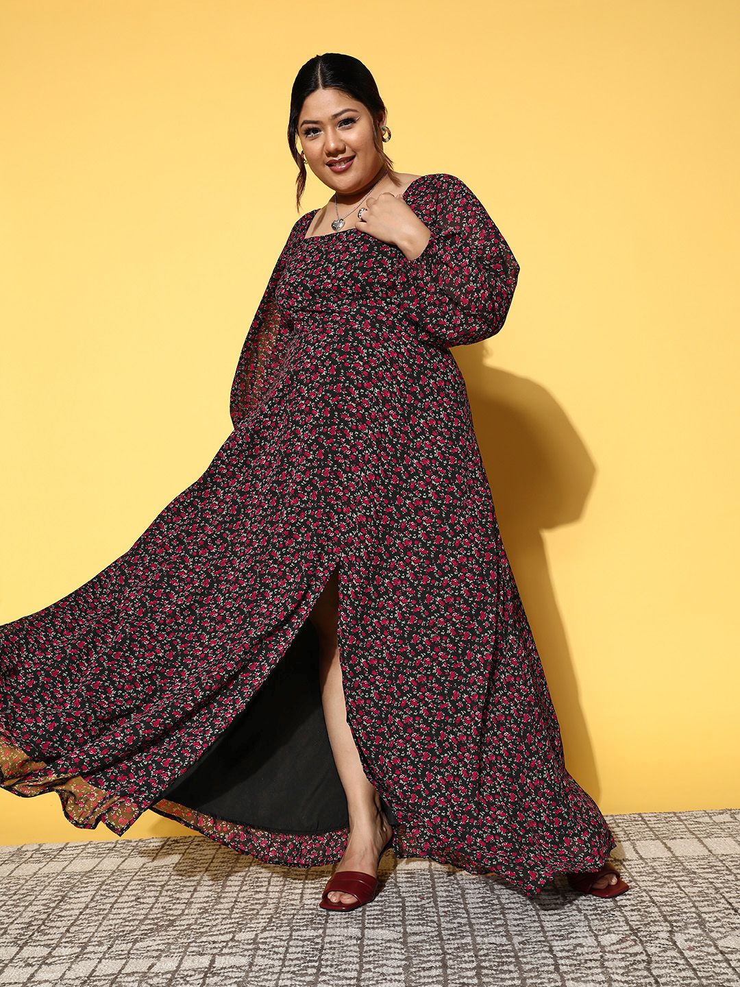 Berrylush Curve Floral Square Neck Georgette Flared Maxi Dress