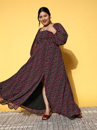 Berrylush Curve Floral Square Neck Georgette Flared Maxi Dress