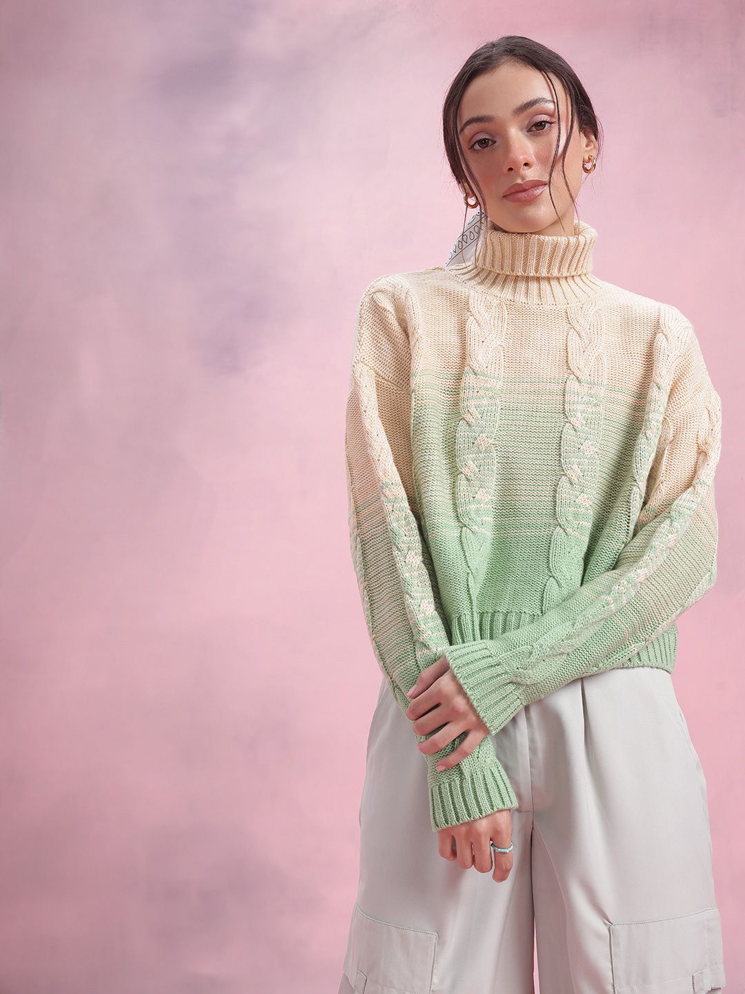 DressBerry Cable Knit Turtle Neck Ombre Effect Pullover