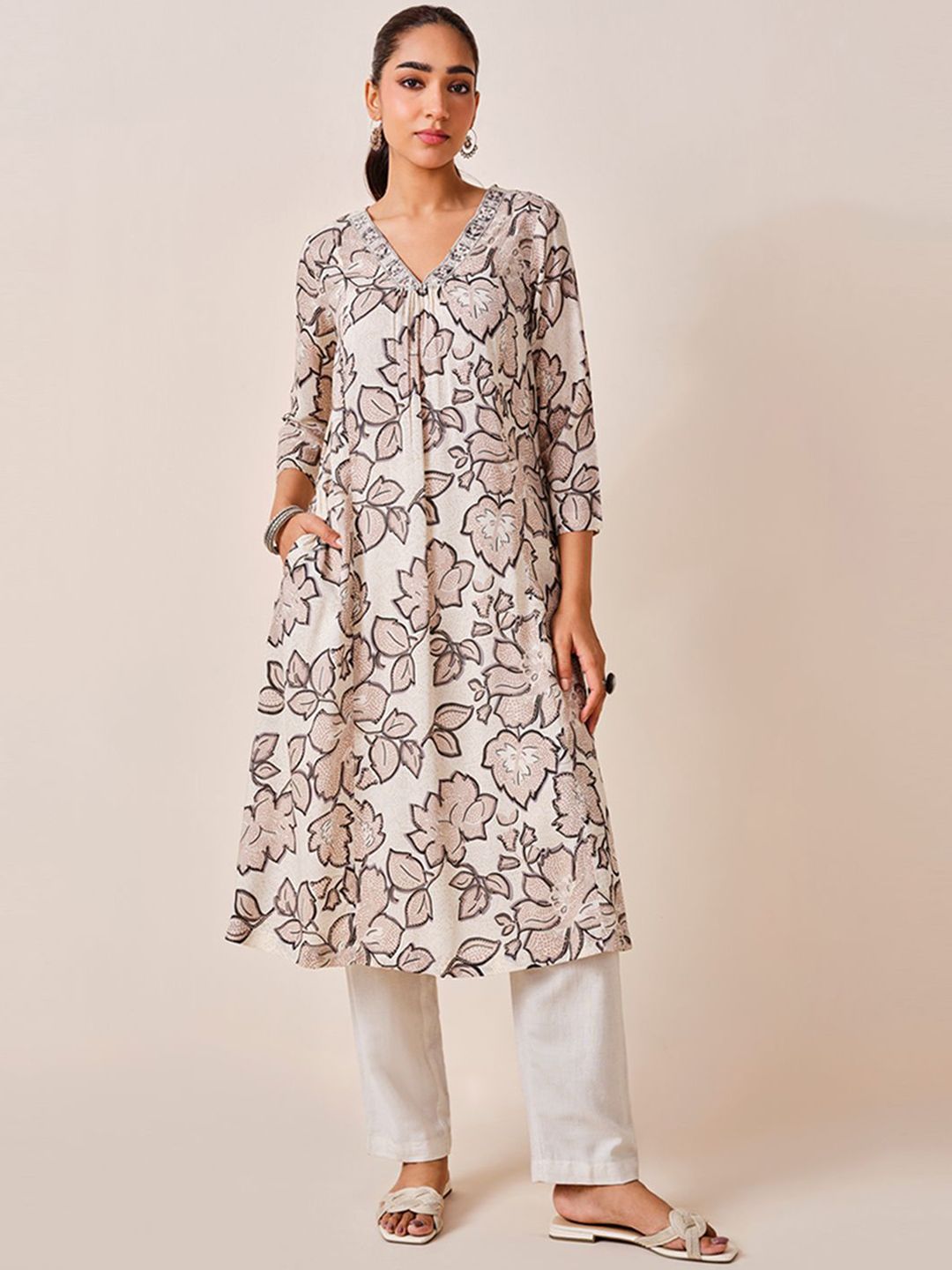 Global Desi Floral Printed Angrakha A-Line Kurta