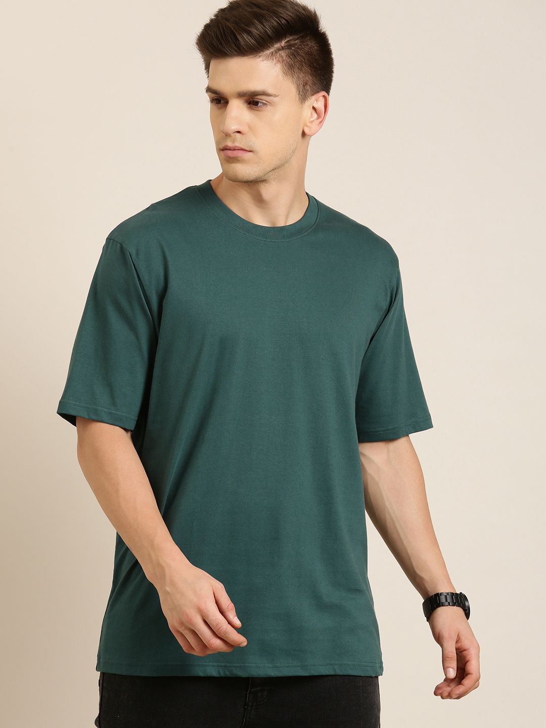 DILLINGER Men Green Solid Pure Cotton Drop-Shoulder Sleeves Oversized Fit T-shirt
