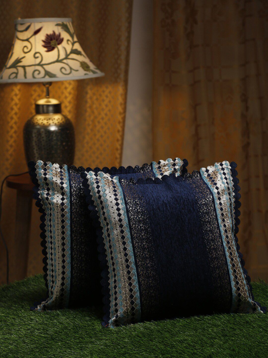 HOSTA HOMES Navy Blue & Grey Set of 2 Geometric Velvet Square Cushion Covers