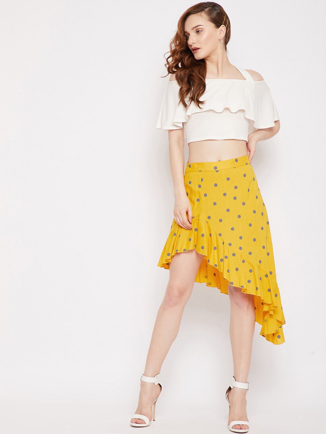 Berrylush Women Yellow & Purple Polka Dot Printed A-line Midi Asymmetric Ruffled Hem Skirt