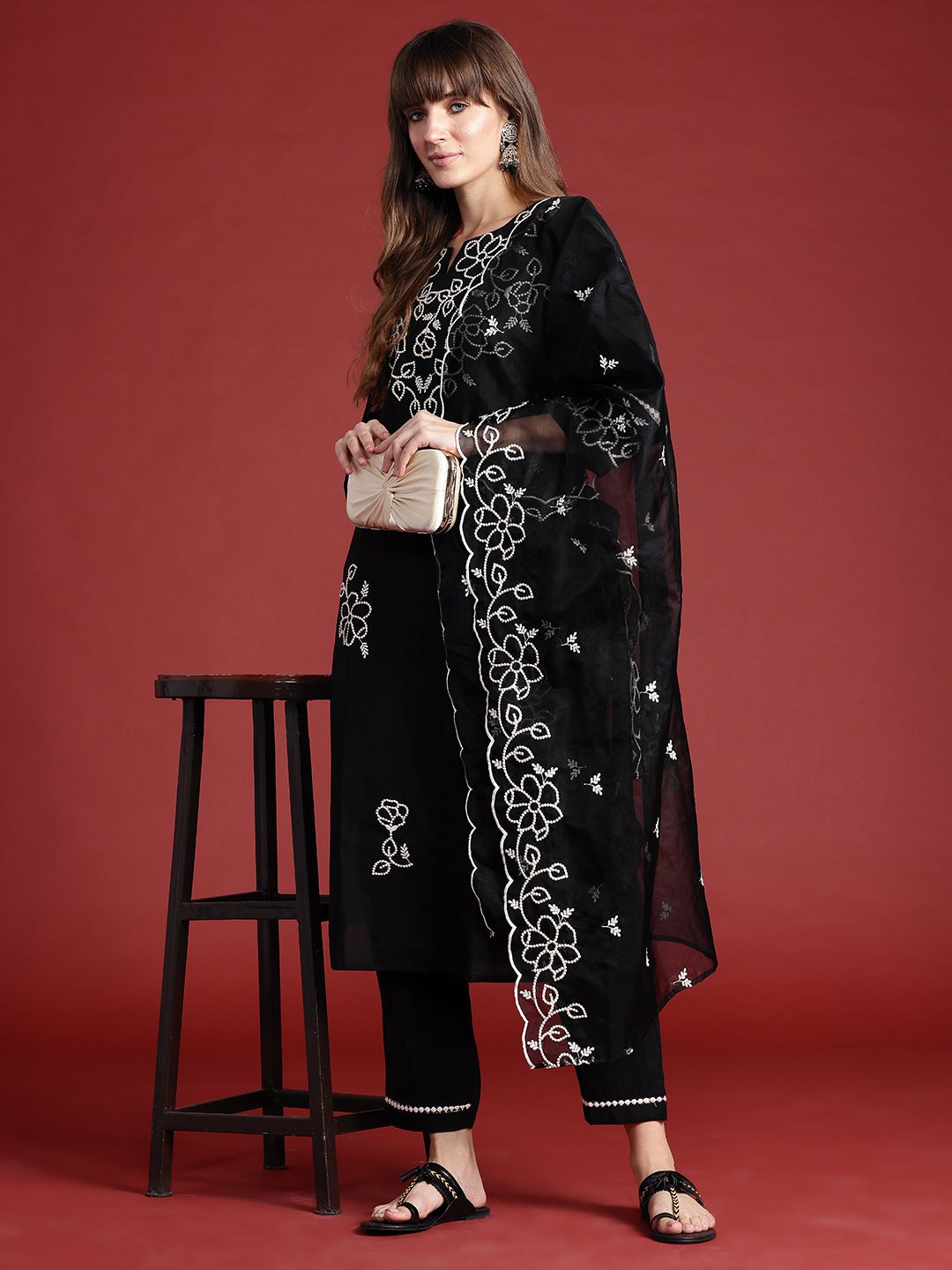 Indo Era Floral Embroidered Thread Work Kurta With Trousers & Dupatta