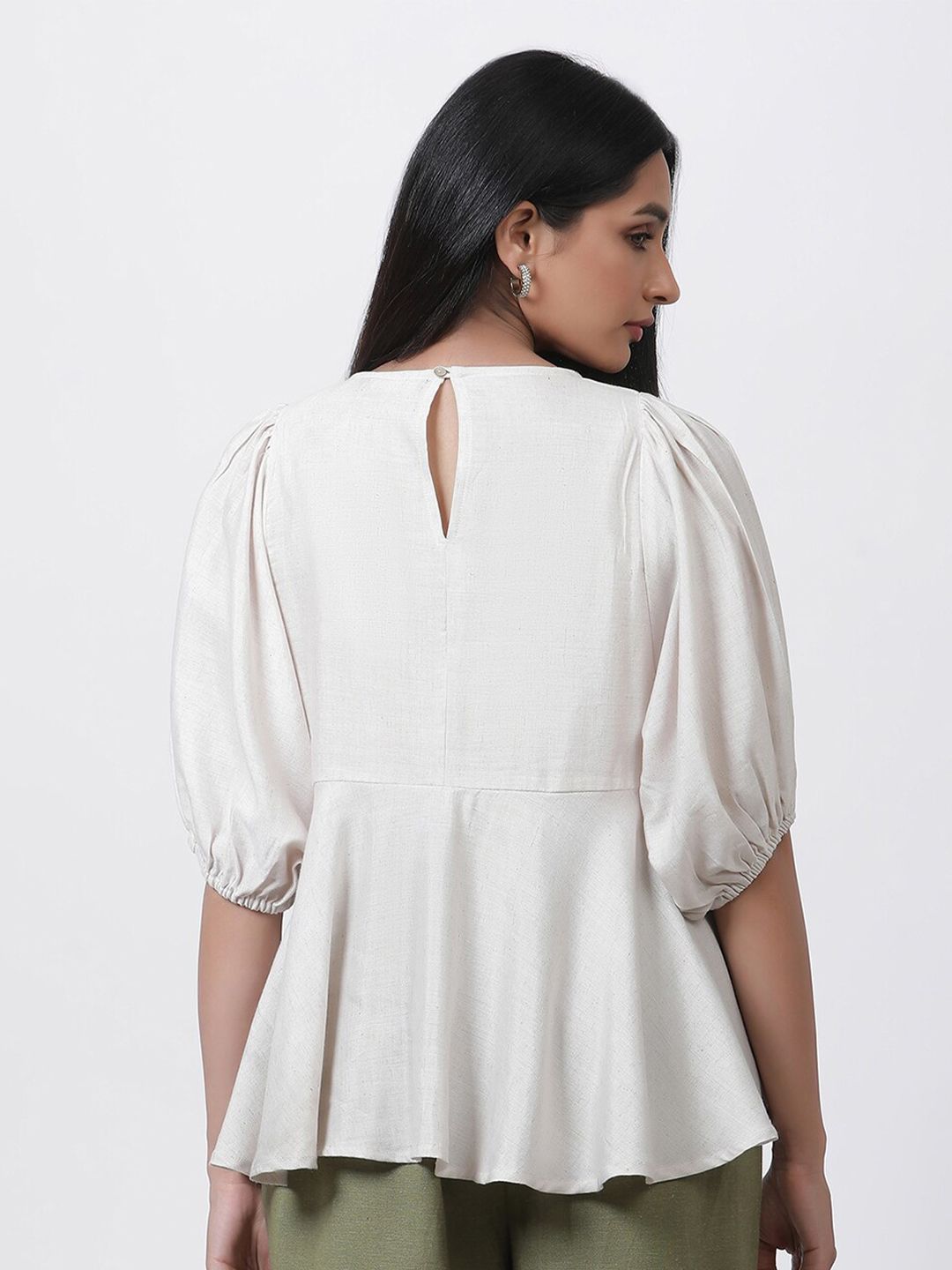 W Embroidered Puffed Sleeves A-Line Top
