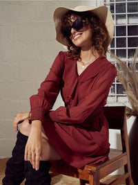 SASSAFRAS Rust Smocked Ruffled & Layered Georgette Fit & Flare Dress