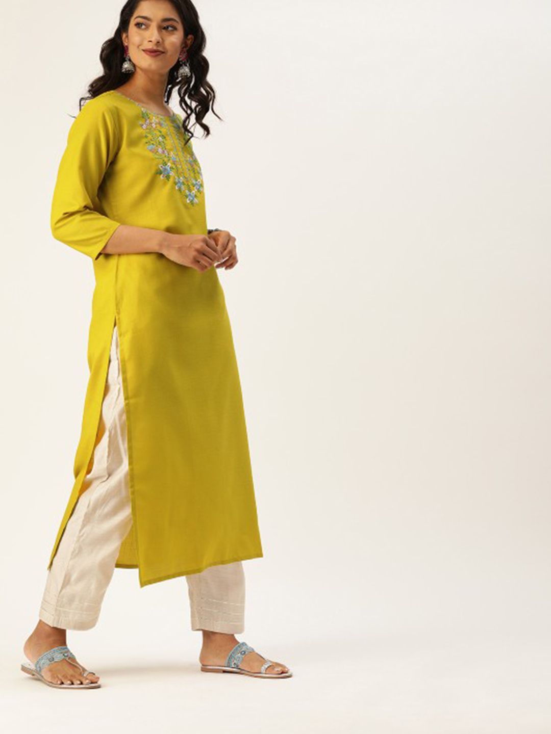 Varanga Mustard Green Floral Yoke Design Thread Work Round Neck Cotton Straight Kurta