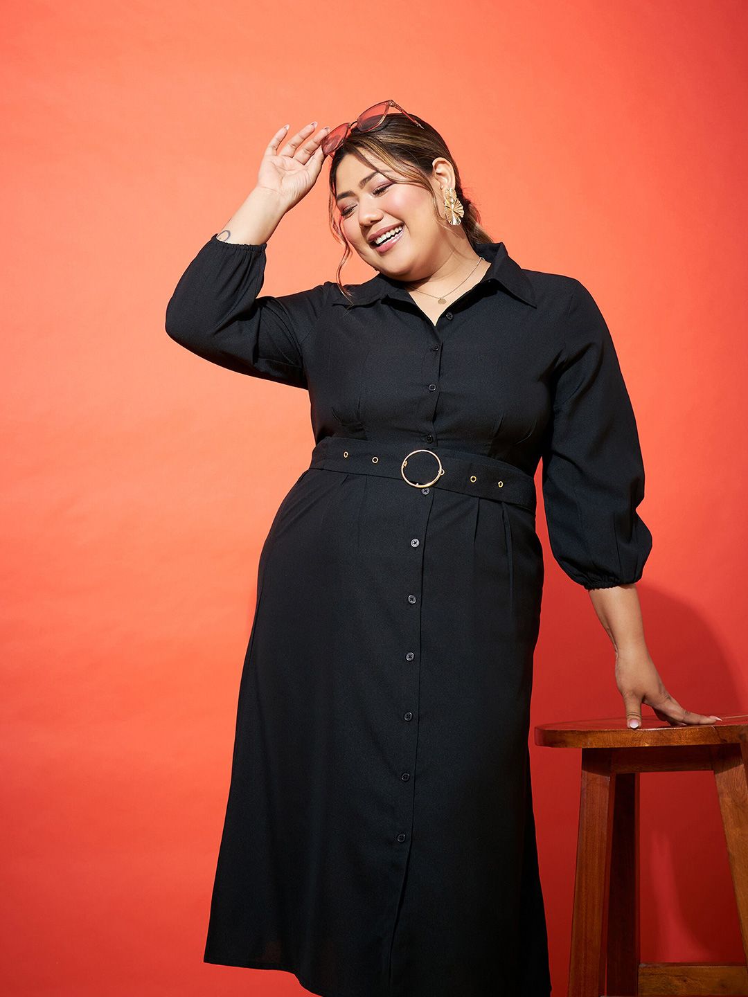 SASSAFRAS Curve Plus Size Black Shirt Style Midi Dress