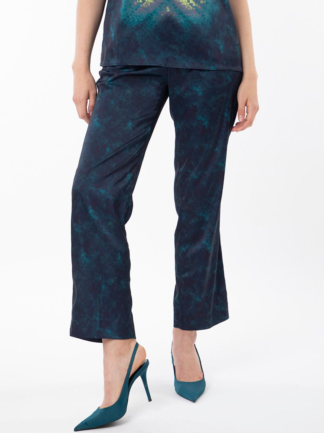 RAREISM Women Abstract Printed Slim Fit Satin Trousers