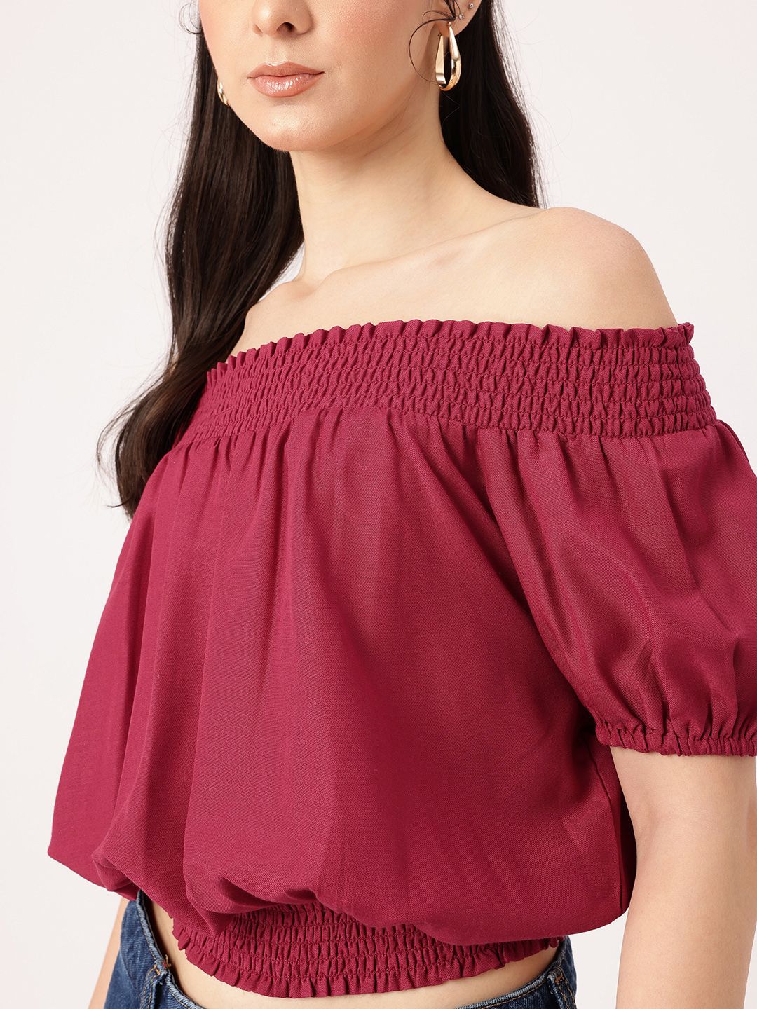 DressBerry Boho Chic Off Shoulder Smocked Blouson Crop Top