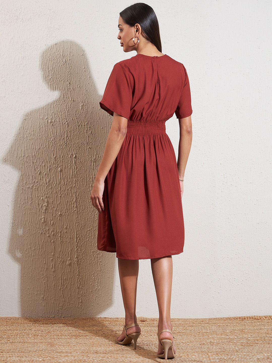 DENNISON Rust Crepe Fit & Flare Smocked Dress