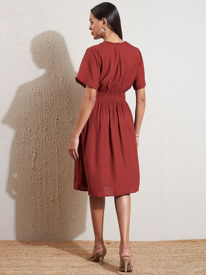 DENNISON Rust Crepe Fit & Flare Smocked Dress