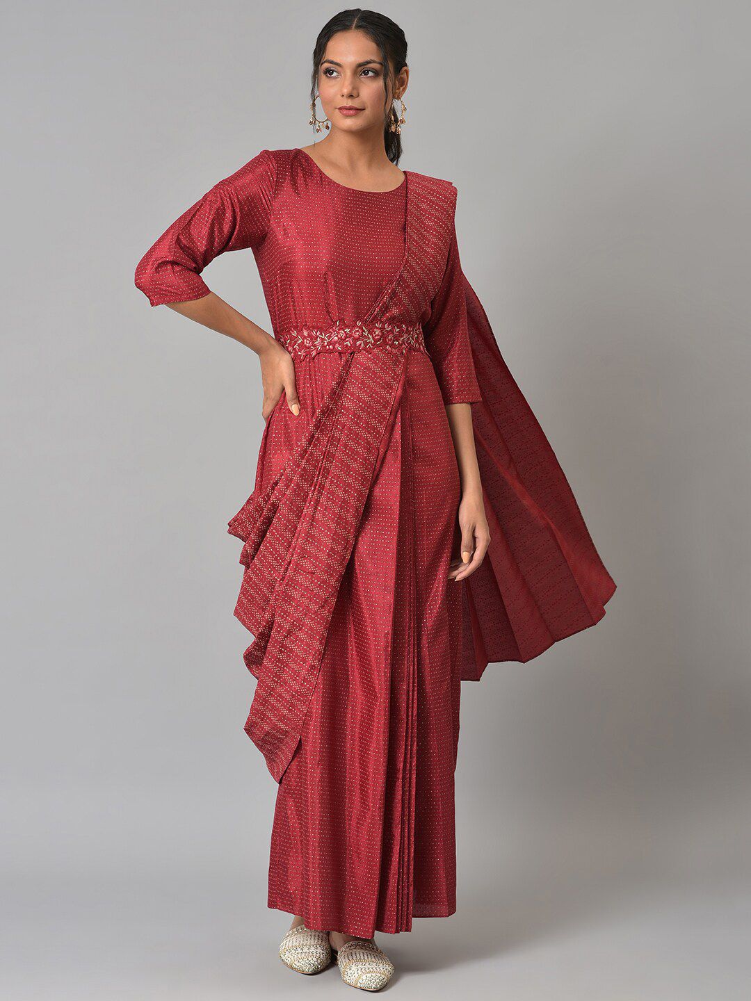W Satin Maxi Insta Saree Dress with Embroidered Belt