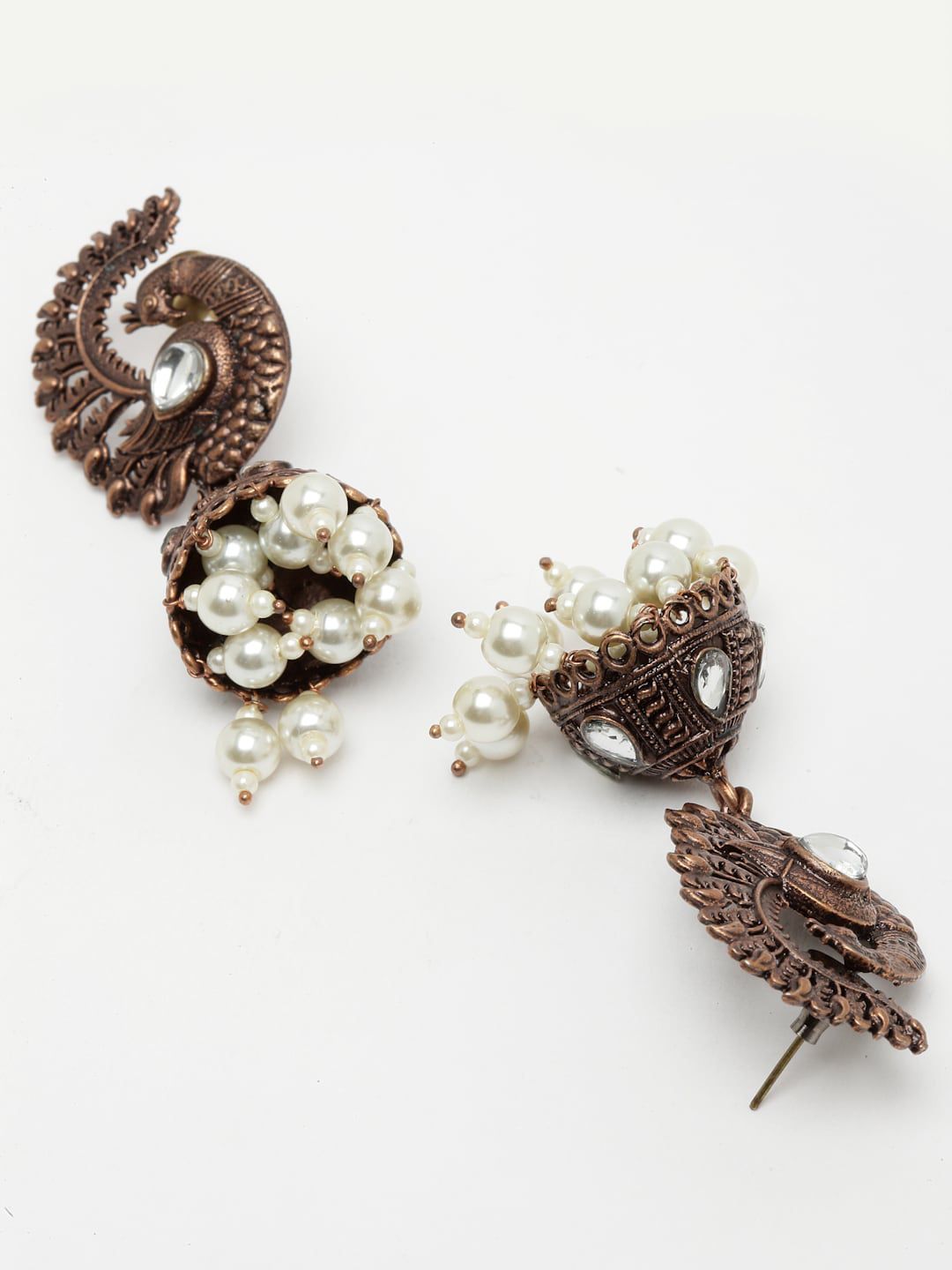 PANASH Antik Antik Saduran Tembaga Peacock Jhumka Anting dengan Kundan dan Titisan Mutiara