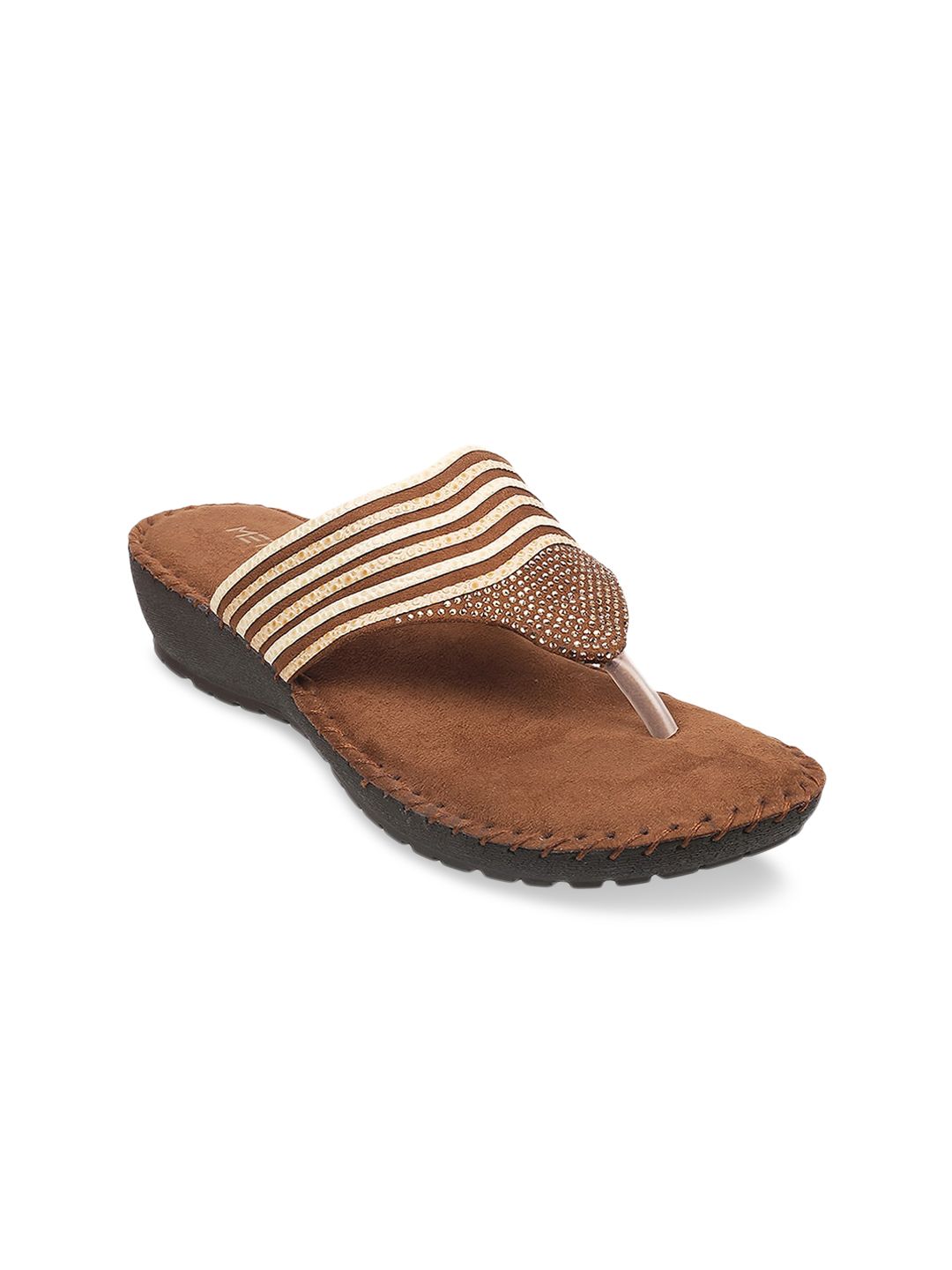 Metro Women Brown Embellished T-Strap Flats