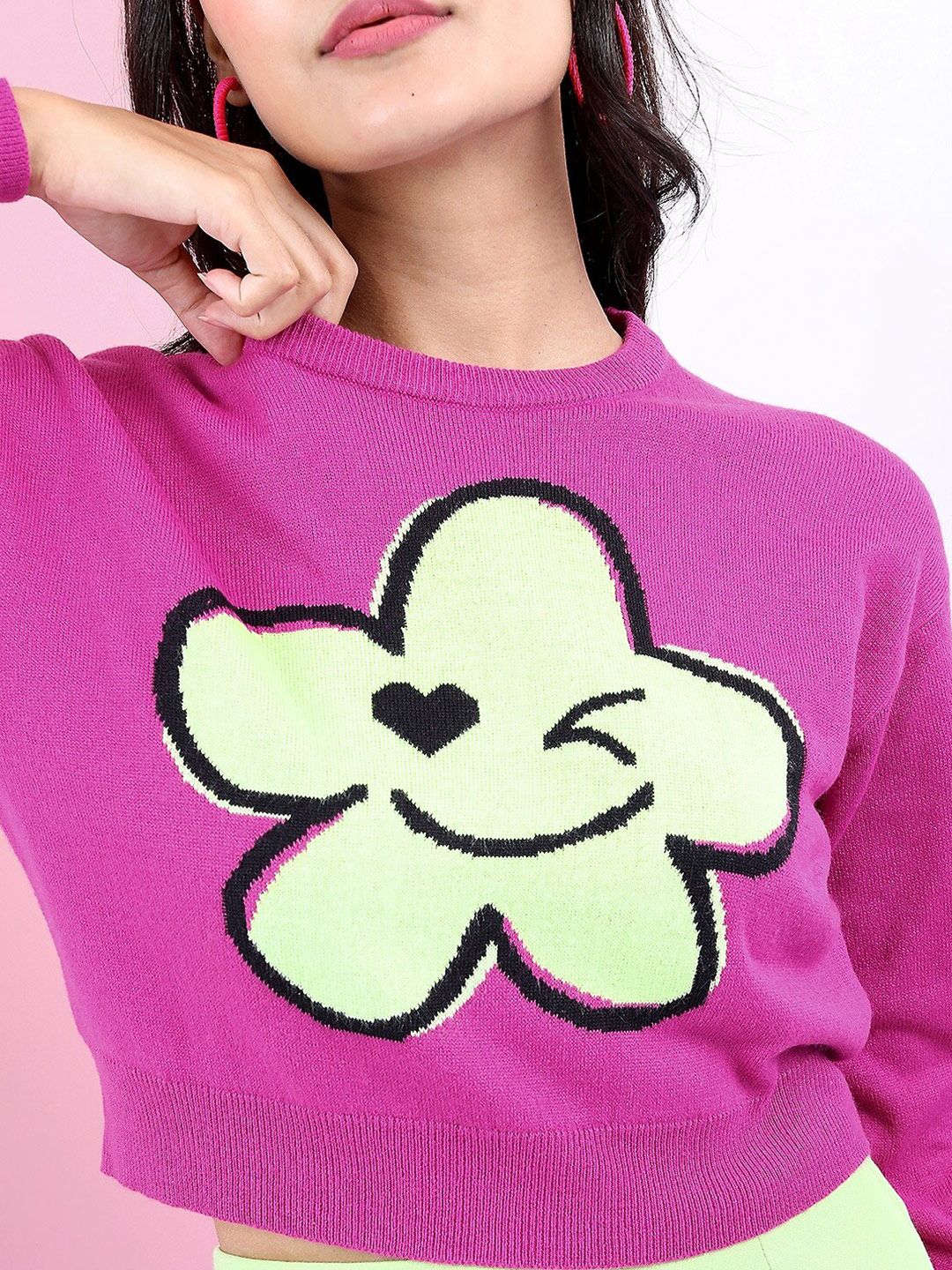 Tokyo Talkies Women Pink & Green Acrylic Floral Jacquard Crop Pullover