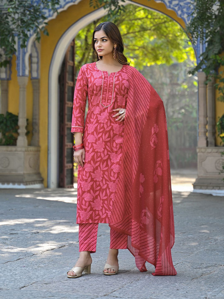 KALINI Floral Printed Notch Neck Gotta Patti Straight Kurta With Trousers & Dupatta