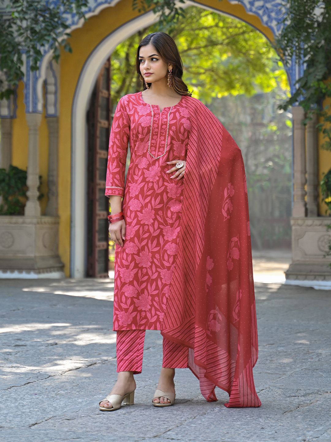 KALINI Floral Printed Notch Neck Gotta Patti Straight Kurta With Trousers & Dupatta