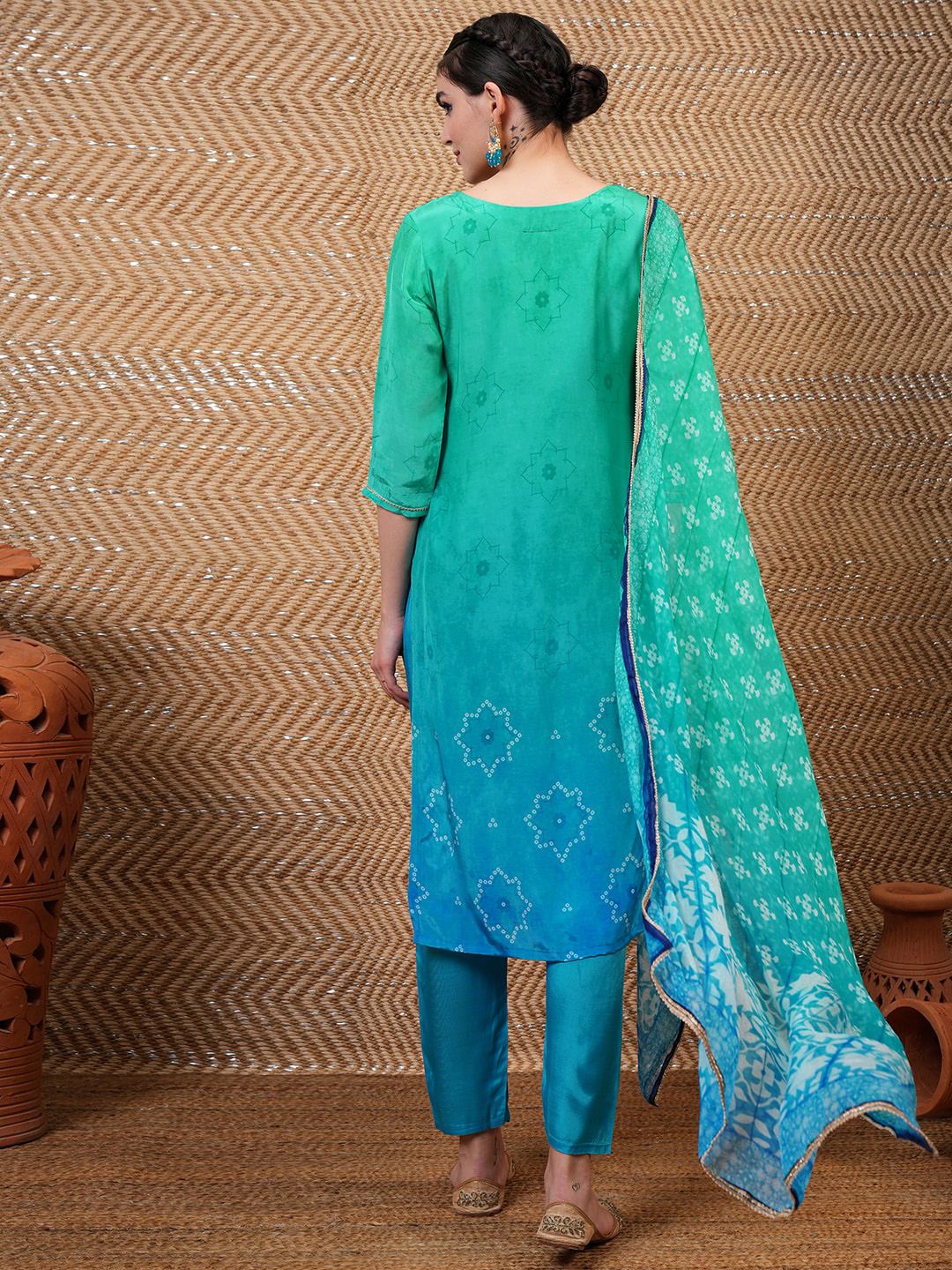 Vishudh Blue Bandhani Printed Sequinned Straight Kurta With Trousers & Dupatta
