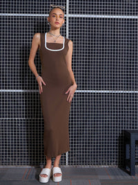 SASSAFRAS Brown Square Neck Sheath Midi Dress
