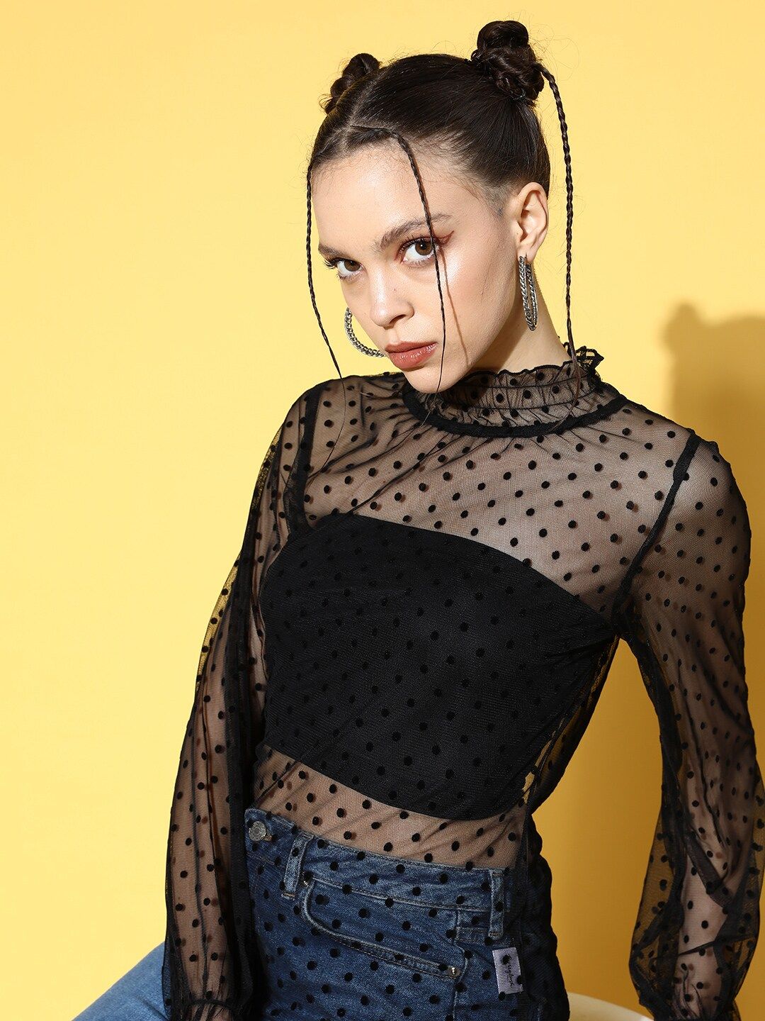 Berrylush Black High Neck Bishop Sleeves Sheer Crepe Top