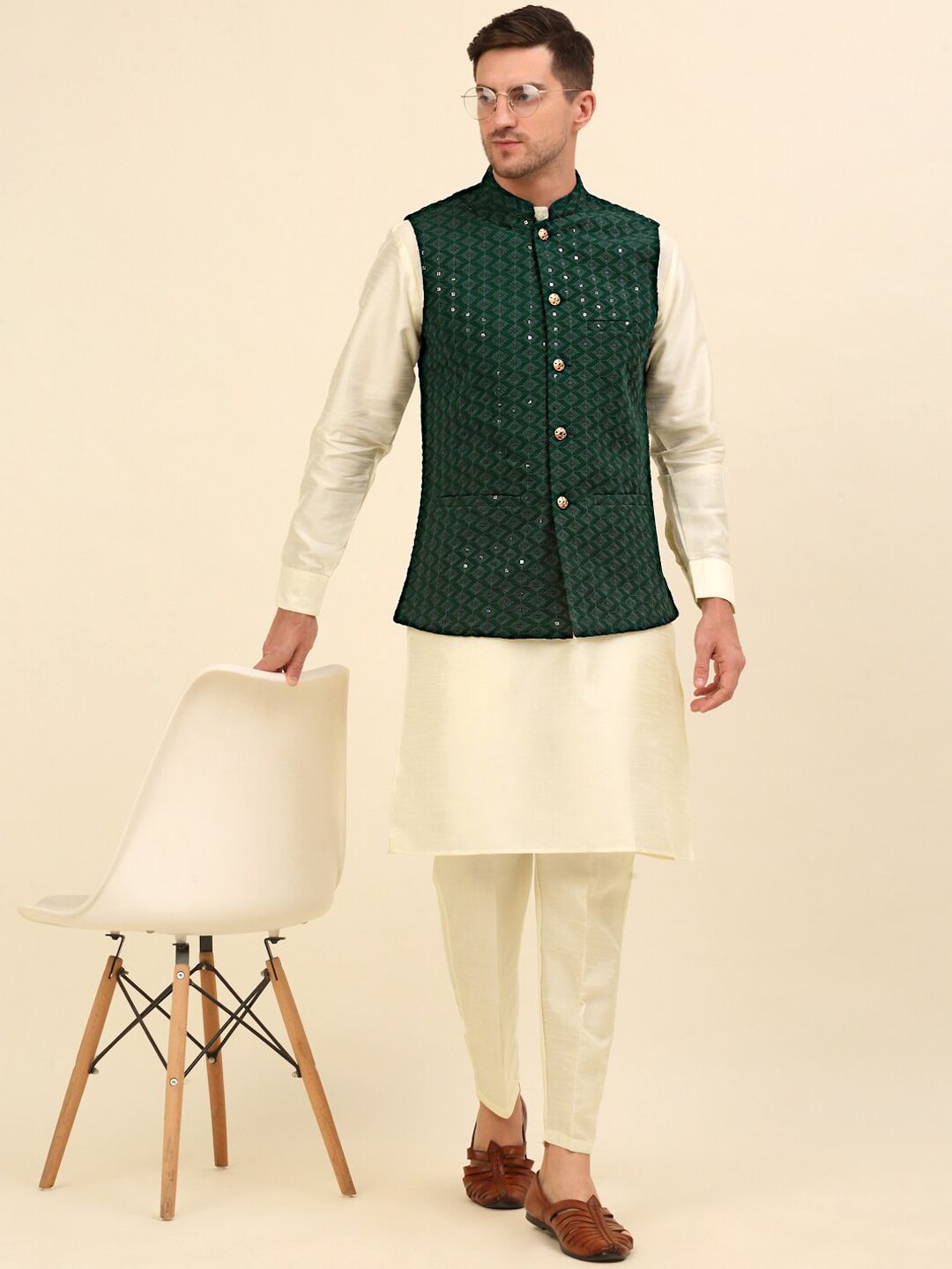 Anouk Olive Green Embroidered Sequinned Nehru Jacket