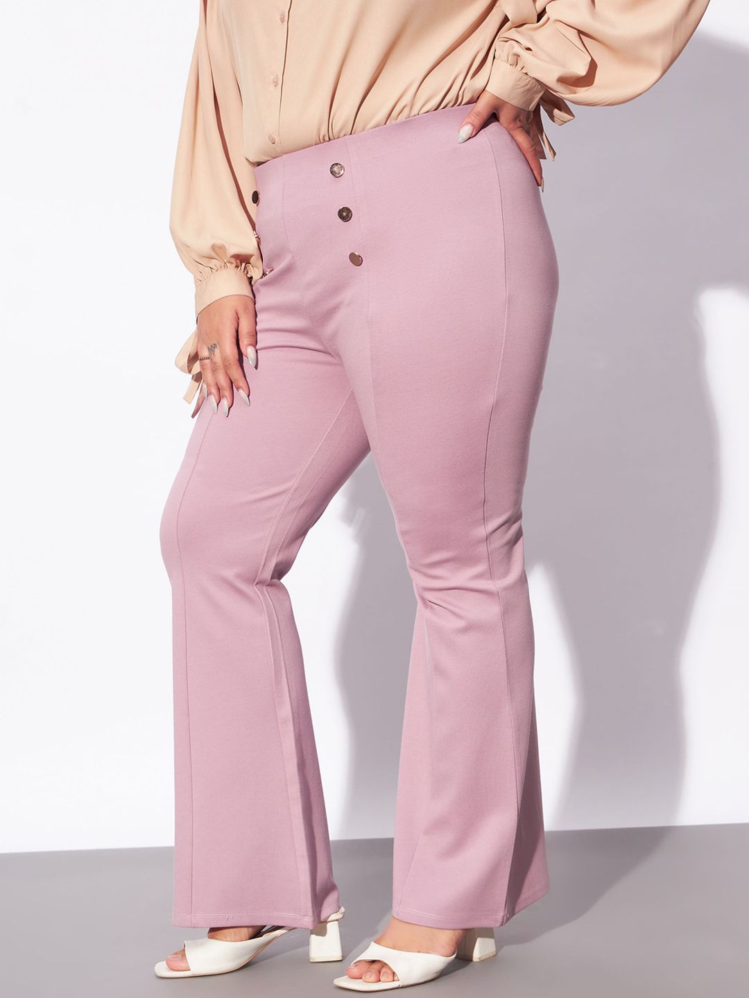 SASSAFRAS Curve Women Plus Size Pink Flared High-Rise Bootcut Trousers