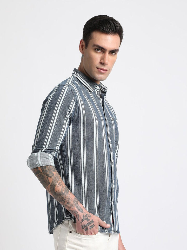 THE BEAR HOUSE Slim Fit Striped Twill Pure Cotton Casual Shirt