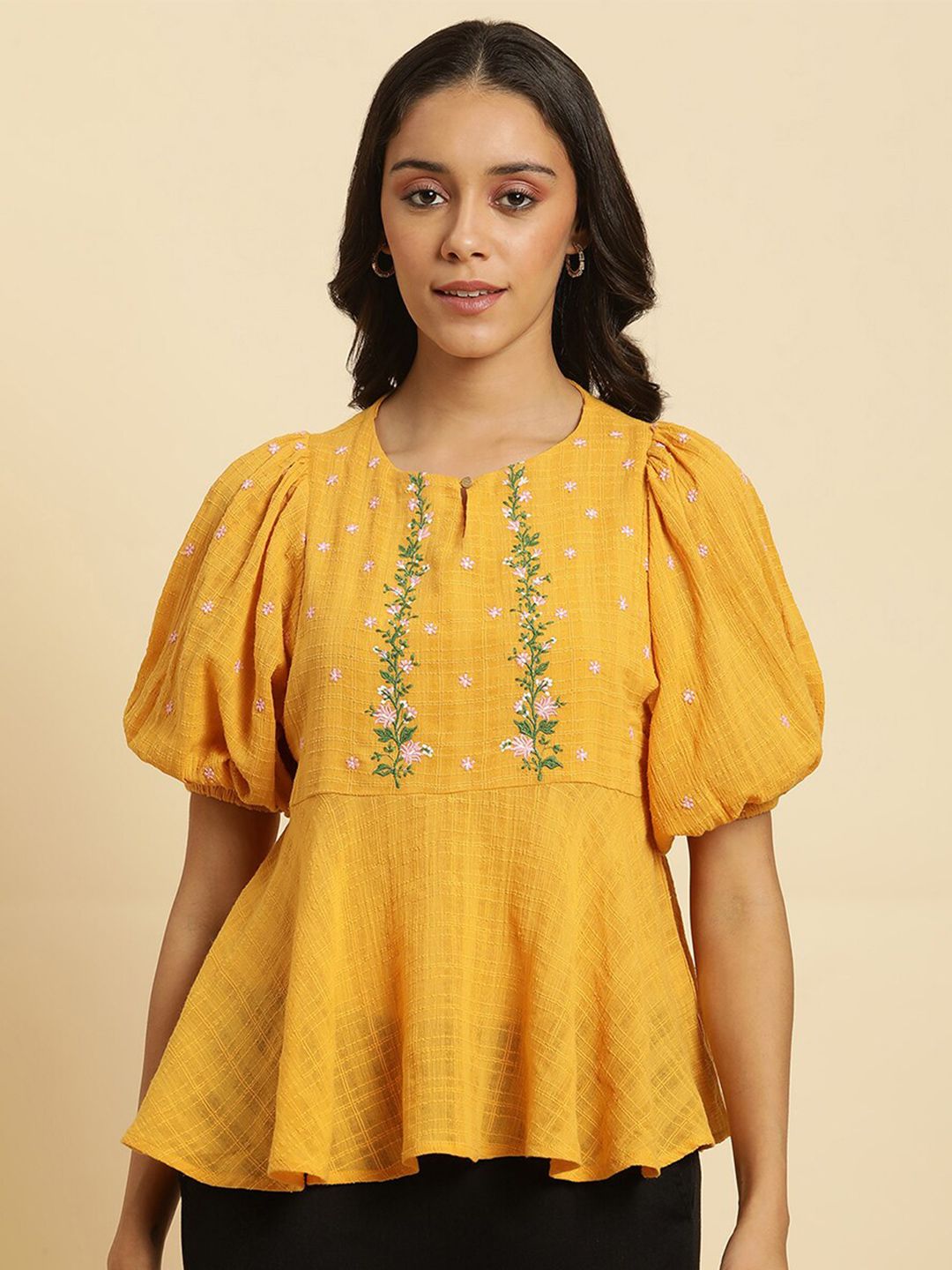 W Floral Embroidered Cotton A Line Top