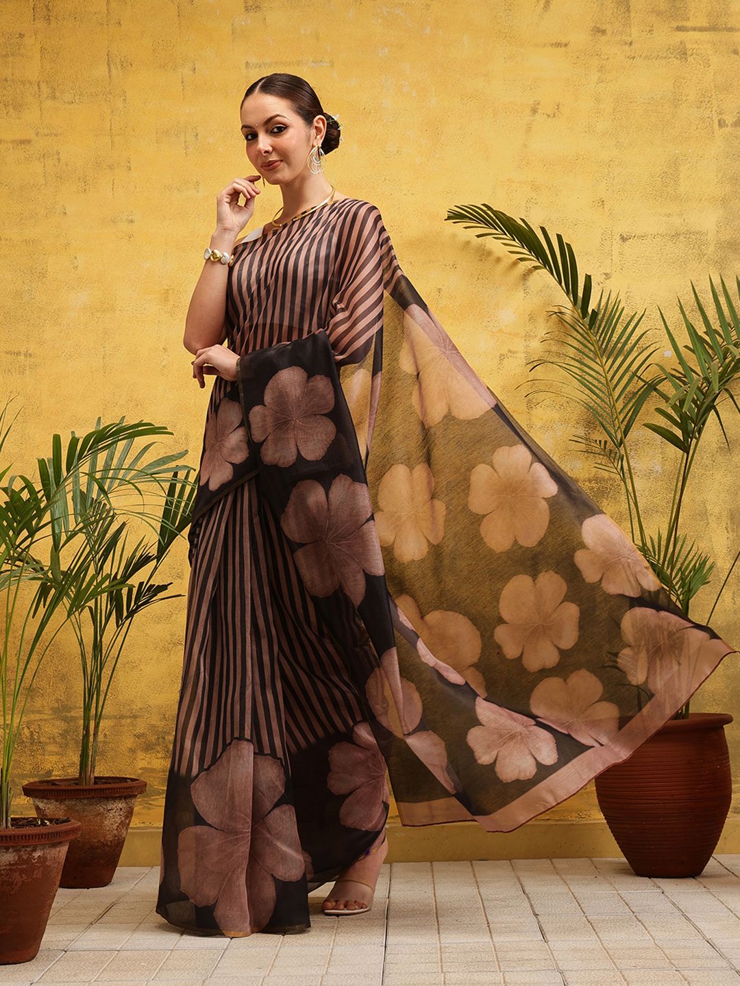 Silk Land Floral Striped Ready to Wear Chanderi Saree