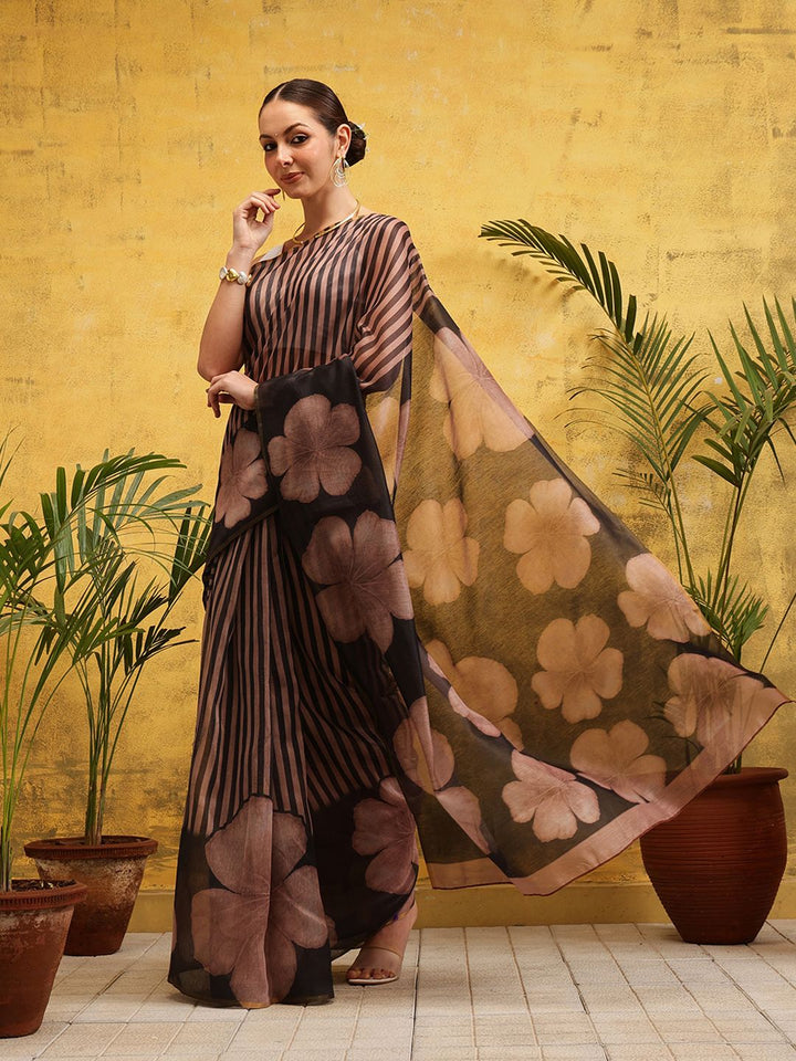 Silk Land Floral Striped Ready to Wear Chanderi Saree