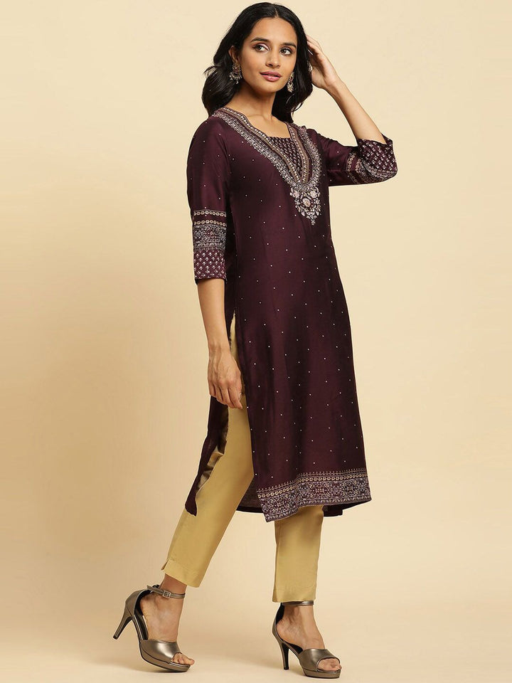 W Purple Floral Yoke Design Sequinned Straight Kurta