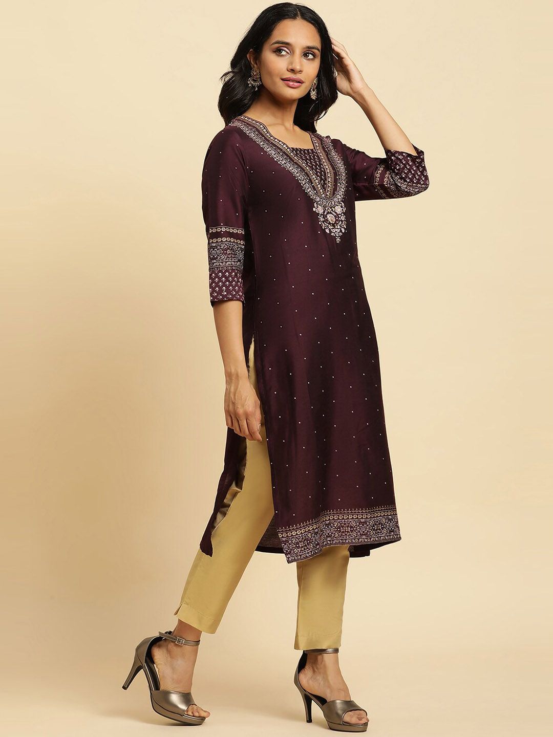 W Purple Floral Yoke Design Sequinned Straight Kurta