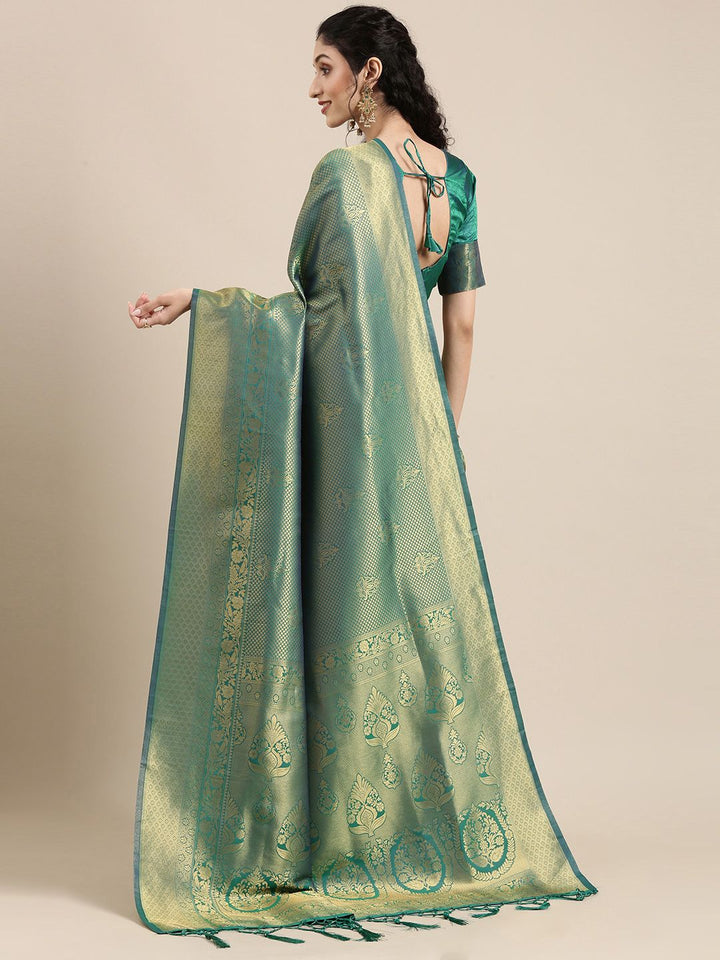 Saree mall Green & Gold-Toned Ethnic Motifs Zari Silk Blend Banarasi Sarees