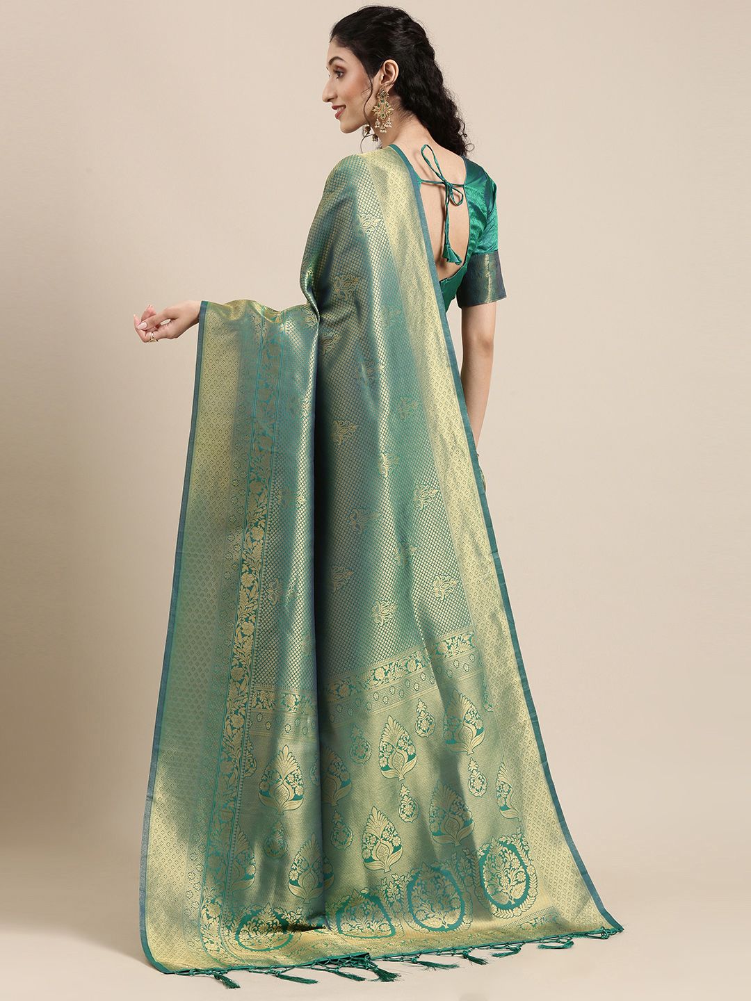 Saree mall Green & Gold-Toned Ethnic Motifs Zari Silk Blend Banarasi Sarees