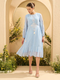 Antheaa Women Bishop Sleeve embroidered Chiffon A-Line Midi Dress