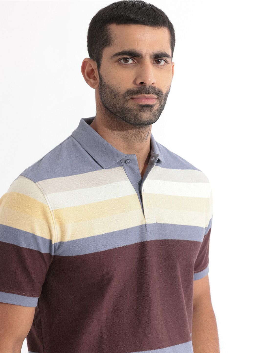 RARE RABBIT Men Glasglow Striped Polo Collar Slim Fit Pure Cotton T-Shirt