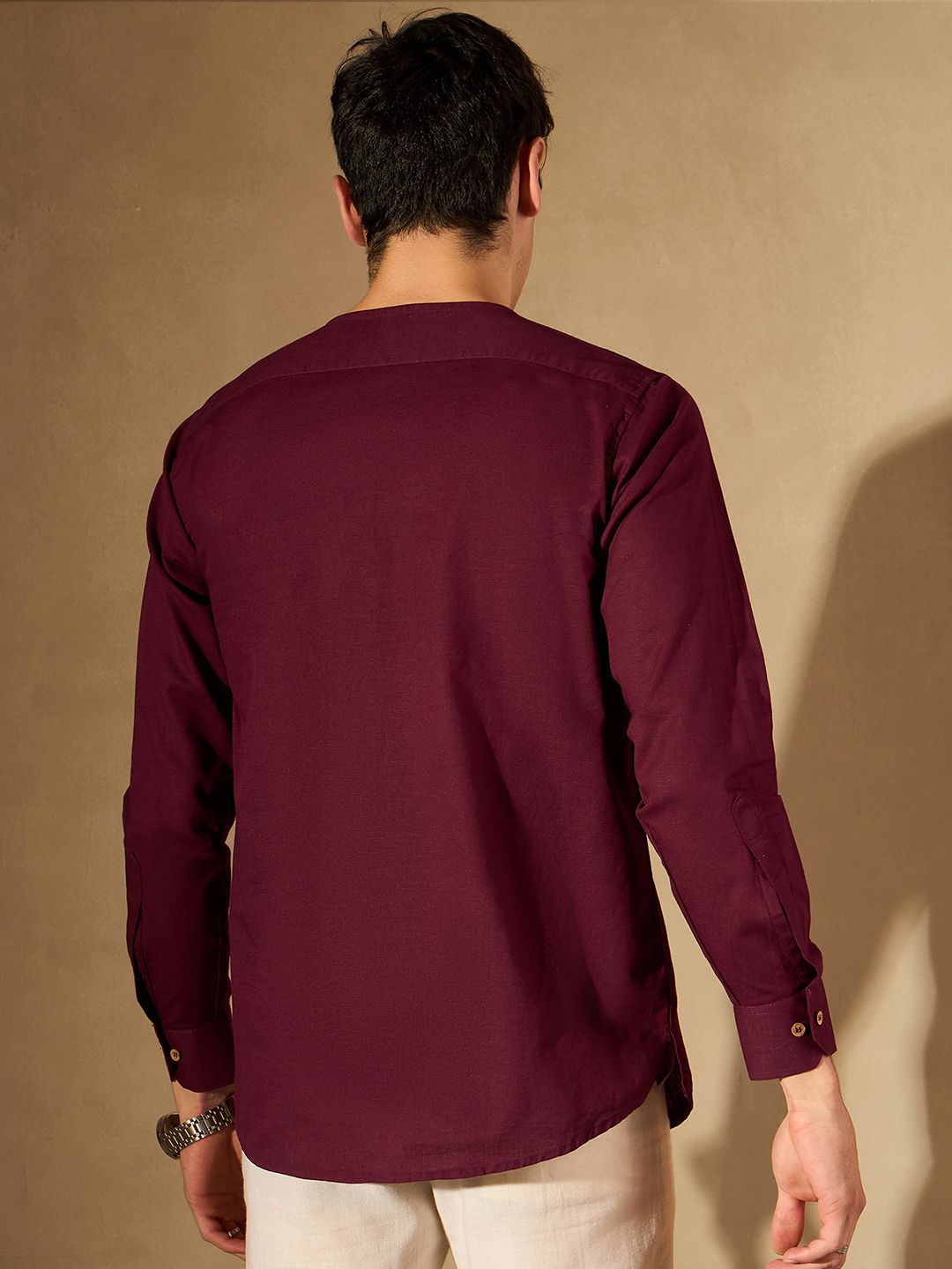 DENNISON Men Maroon Solid Straight Pure Cotton Short Kurta