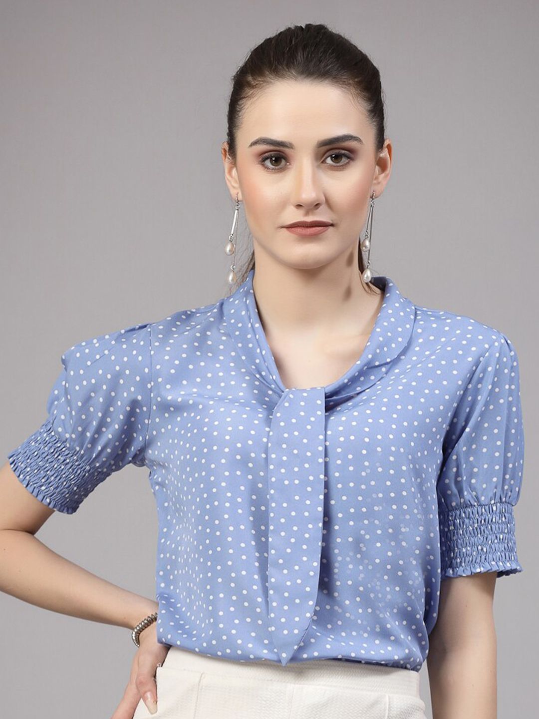 Style Quotient Polka Dots Printed Smocked Tie-Up Collar Puff Sleeves Top