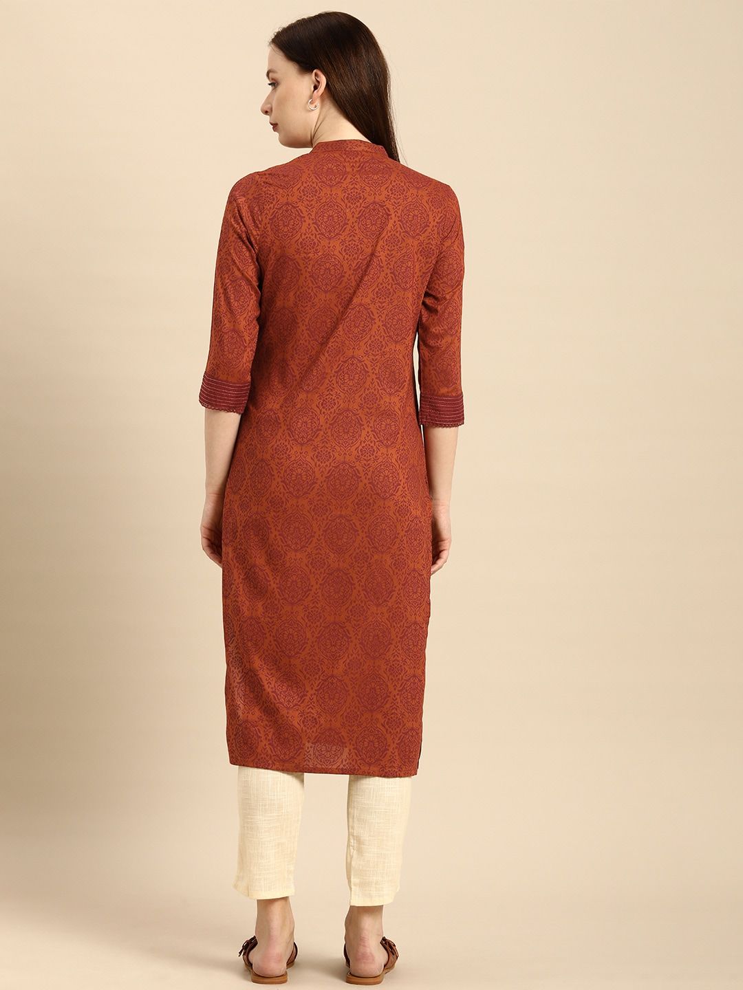 all about you Women Rust Brown Ethnic Motifs Printed Straight Kurta