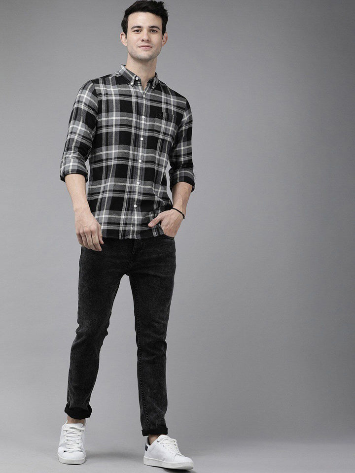 THE BEAR HOUSE Men Grey Slim Fit Tartan Checks Checked Casual Shirt