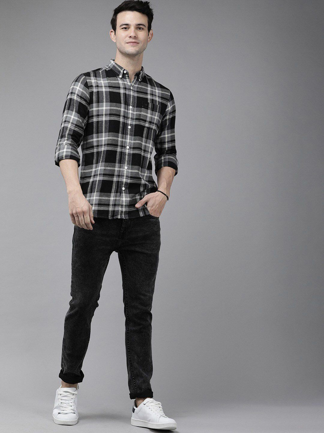 THE BEAR HOUSE Men Grey Slim Fit Tartan Checks Checked Casual Shirt