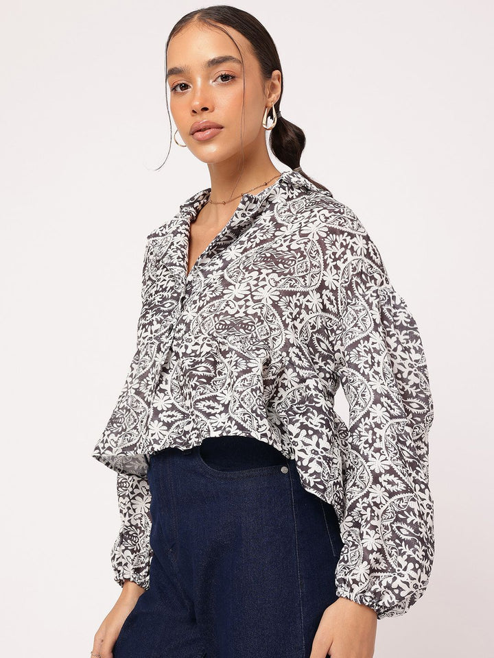 DressBerry Monochrome Mania Ethnic Printed Puff Sleeves Shirt-Style Top