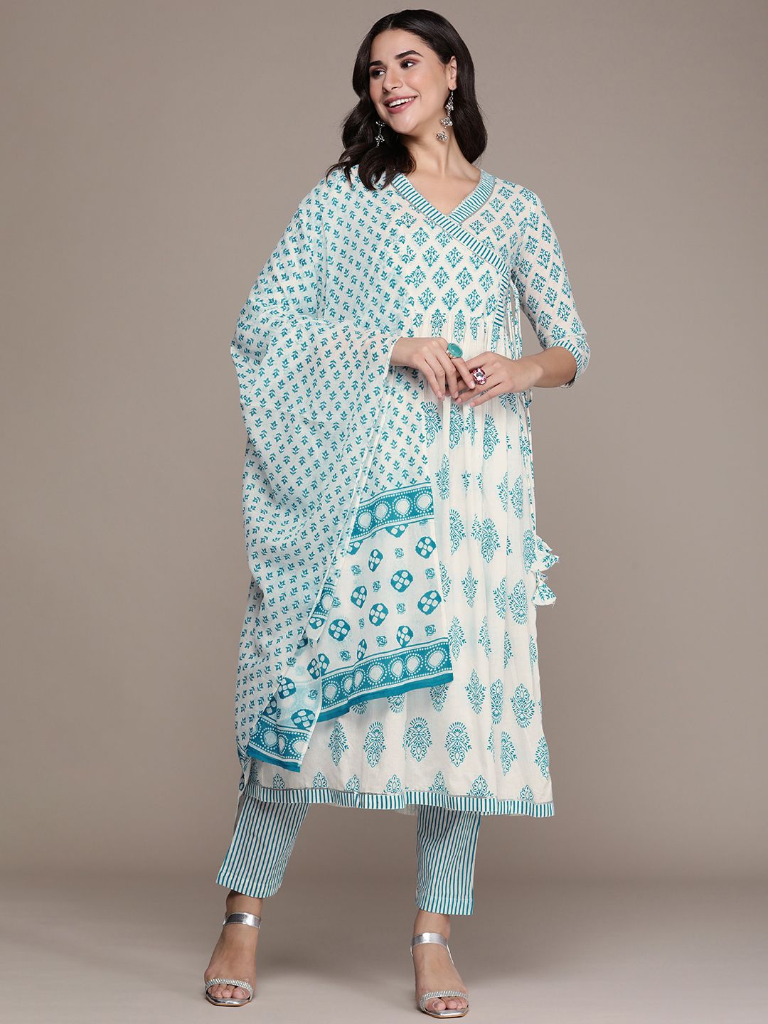 Anouk Women Floral Printed Angrakha Gotta Patti Cotton Kurta with Trousers & Dupatta